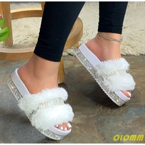 2020 Women Fur Slippers Summer Home Flat Fur Slides For Women Big Size 43 Fluffy Female Shoes Glitter Indoor Women' Casual Shoes