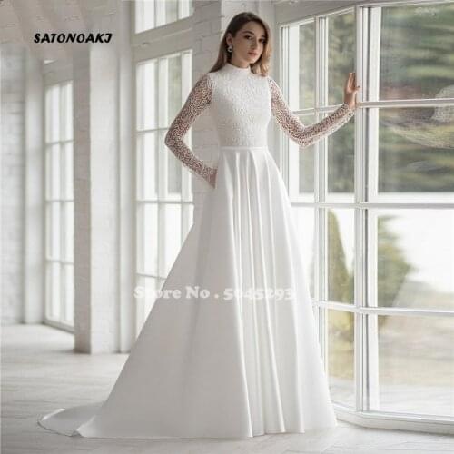 Muslim Satin Wedding Dresses with Pockets Long Sleeve High Neck Zipper Back Lace Simple Bridal Gown Robe Mariee Vestido De Novia