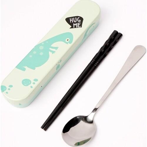 2PCS Dinosaur Iron Box Cutlery Set Party Flatware Supplies Tableware Set Stainless Steel Spoon Alloy Chopsticks Dinnerware Sets