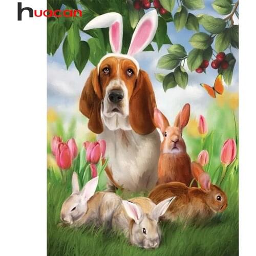 Huacan Diy Diamond Painting Dog Rabbit Full Square/round Diamond Embroidery Animal Flower Mosaic Pet Sticker Decor