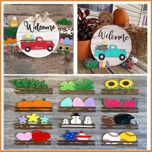Car Wooded Door Hanger Seasonal Welcome Sign With Interchangeable Hanging Handmade Door Hanging Plate Board Funny Gift