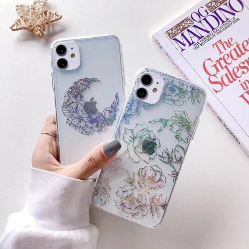 Shiny Laser Plating Rose Flowers Clear Phone Cases For iPhone 12Pro 11 XR X XS Max 7 8 Plus 12 Colorful moon floral Phone Cover