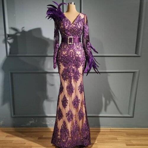 Purple Lace Mermaid Prom Dresses v Neck Sheer Long Sleeves Feather Eveing Gowns Beaded Belt Floor Length Formal Party Dress Robe