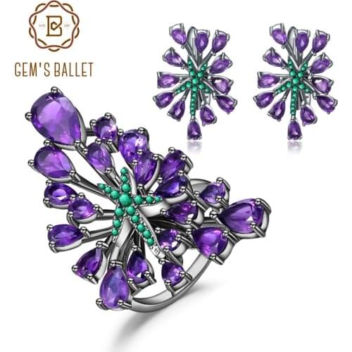GEMS BALLET 925 Sterling Silver Gemstone Earrings Ring Set Natural Amethyst Vintage Gothic Punk Jewelry Set For Women Jewelry