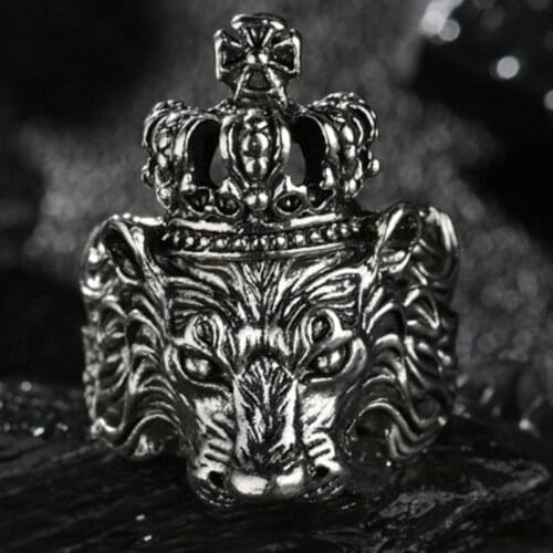 Vintage Animal King Lion Ring for Men Animal Crown Rings Male Gothic Punk Ancient Beast Rings Gift Adjustable Size Jewelry