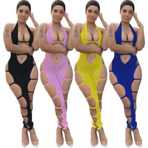 Sexy Halter Hollow Out Solid Overalls for Women Jumpsuit Sleeveless Cut Out Leggings Bodycon Club wear Jumpsuit Women Outfits