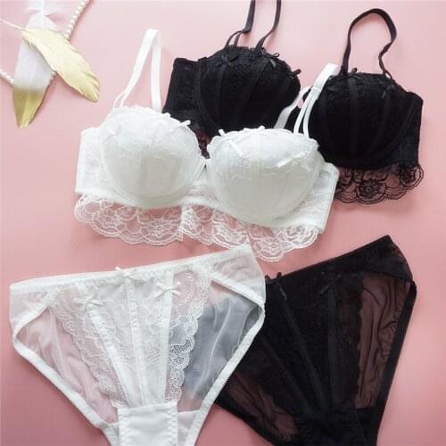 Japanese sweet lace cute underwear set bow one-half push-up bra set black yarn fairy sexy gather bra set anti-sagging bra set