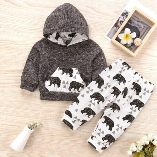 Baby Boy Outfit 2pcs Set Cotton Cartoon Bear Print Pocket Long Sleeve Sweater Tops+trousers Winter Warm Baby Boy Clothing 0-18M