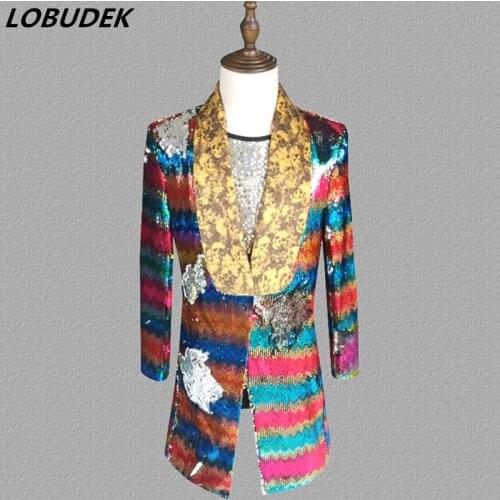 Men Double-sided Colorful Striped Sequins Blazers Nightclub DJ Singer Concert Outerwear Stage Costume Fashion Sequin Long Coat