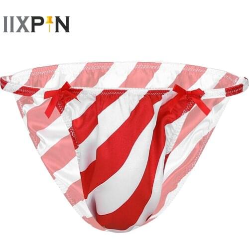 Mens Underwear Christmas Sissy Panties Shiny Satin Red & White Striped Briefs Underwear Gay Men Sexy Bikini Briefs Underpants