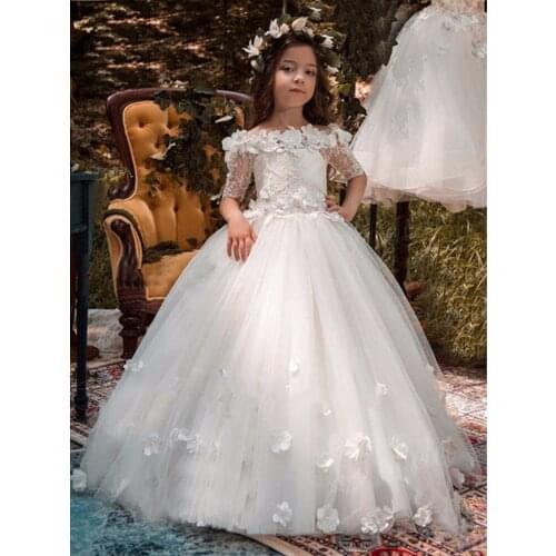 Adorable Lace Flower Girl Dresses For Wedding Off Shoulder Half Sleeve Applique Pageant Birthday Communion Dresses