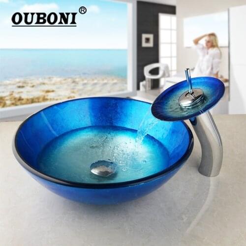 OUBONI Blue Artist Tempered Glass Bathroom Designer Vessel Sink Basin Bowl Faucet Set With the Pop Up Drain & Mounting Ring