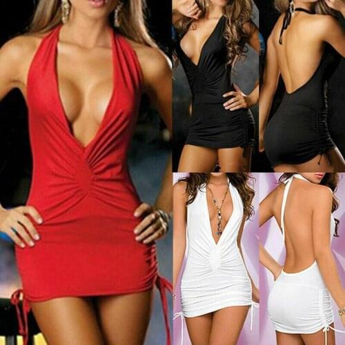 Sexy Women Deep V Neck Mini Dress Backless Bodycon Halterneck Party Club Vintage Sleep Nightdress Nightwear