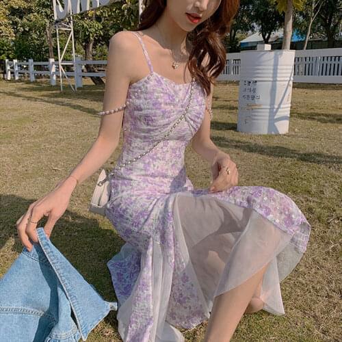Summer Elegant Floral Strap Dress for Women Slim Classy Sweet Fit Chic Sexy Dress Designer Split Party Holiday Fairy Dress
