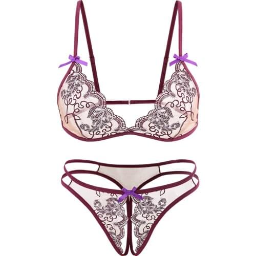 Sexy Perspective Lace Embroidery Thin Patterns Non-Steel Bracket Deep V Gathering Erotic Womens Underwear Bra Set Open Crotch