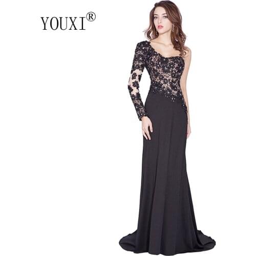 Sexy One Shoulder Black Evening Dresses 2019 long Chiffon and Lace Beaded Crystal Vestido Formatura Beaded Formal Prom Gowns