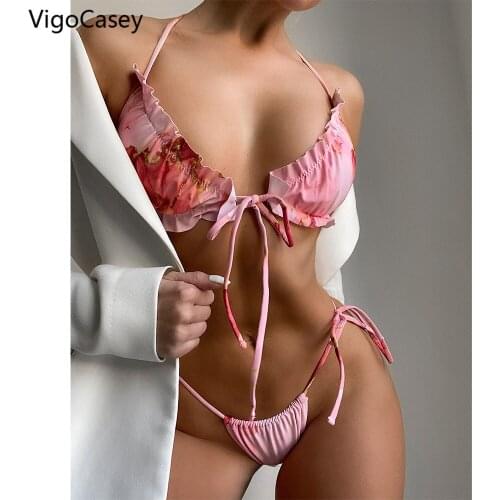 VigoCasey Sexy Bikinis Push Up Swimsuit Swimwear Women Tie dye Ruched Biquini Micro Bathing Suit Halter String Bikini Set 2021