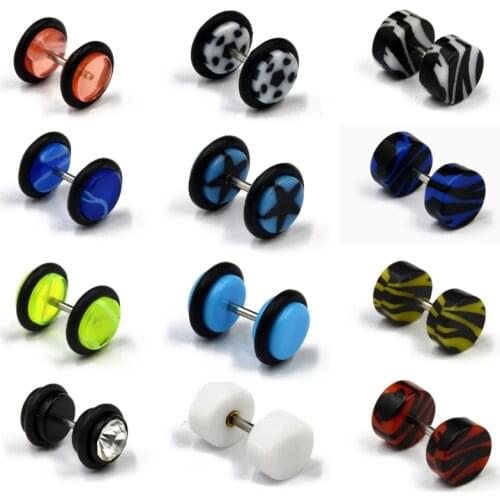 BOG-Pair Acrylic Mix Style Screw Stud Earrings for Men Women Steel Cheater Fake Ear Plugs Gauges Illusion Tunnel body Jewelry16G