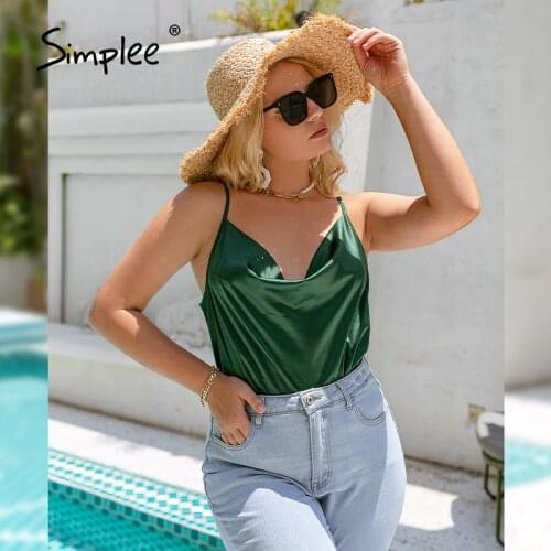 Simplee Summer Solid Office Ladies Camisole V-Neck Blackish Green Backless Women Camis Plus Size Female Casual Tops 2021 New