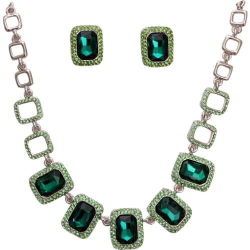 Vintage Geometric Square Crystal Jewelry Sets For Women Party Jewelry Silver Gold Color Stud Earrings Choker Necklace For Gifts