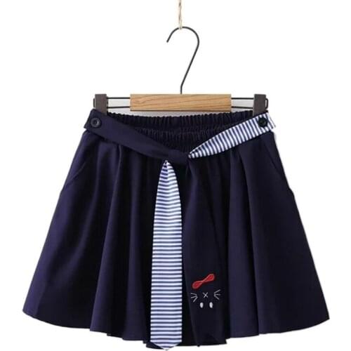 Merry Pretty Womens Hight Wasit Pleated Skirts Cartoon Cat Embroidery Navy Blue Mini Skirts 2020 Elasticity Waist Sweet Skirt