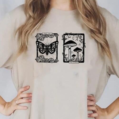 The Tarot Card Butterfly Mushroom T Shirt Womens Retro Style Cotton Short Sleeve Aesthetic Graphic Tee Female Tops Harajuku