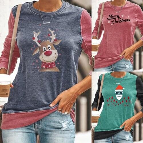 WomenS Casual T-Shirt Round Neck Christmas Theme Contrast Printing Casual Long-Sleeved Top Christmas Party Clothing