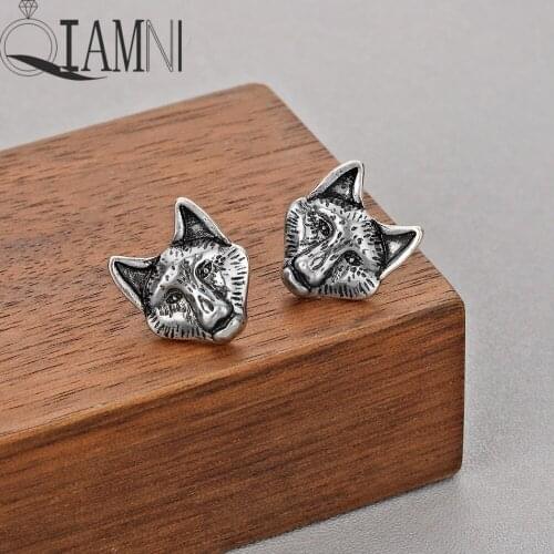 QIAMNI Vintage Punk Cat Animal Wolfs Head Stud Earring for Women Men Birthday Charm Gift Slavic Viking Jewelry Pendientes
