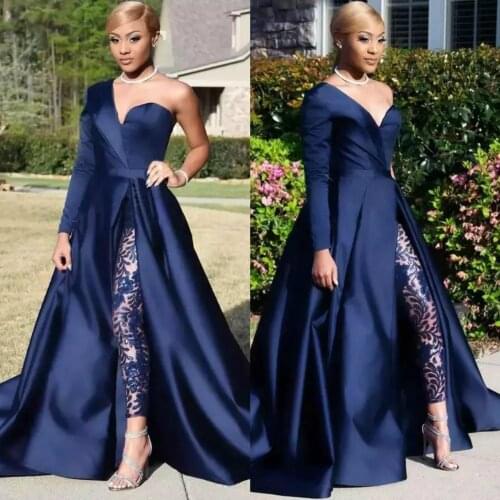 2019 Modest Blue Jumpsuits Prom Dresses Detachable Skirt Two Pieces Evening Dress One Shoulder Side Slit Pantsuit Celebrity