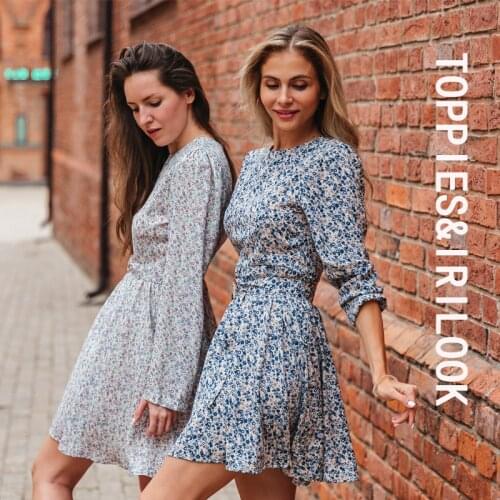 Toppies 2021 Mini Dress Print O Neck Long Sleeve Belt Sweet Crushed Floral Dress Casual Women Colorful Holiday Dress