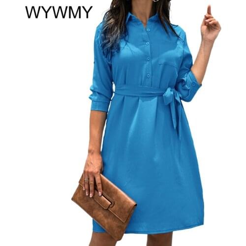 Fashion Turn-down Collar Office Ladies Shirt Dress Women Three Quarter Sleeve Autumn Dress Plus Size Casual Vestidos Loose Robe