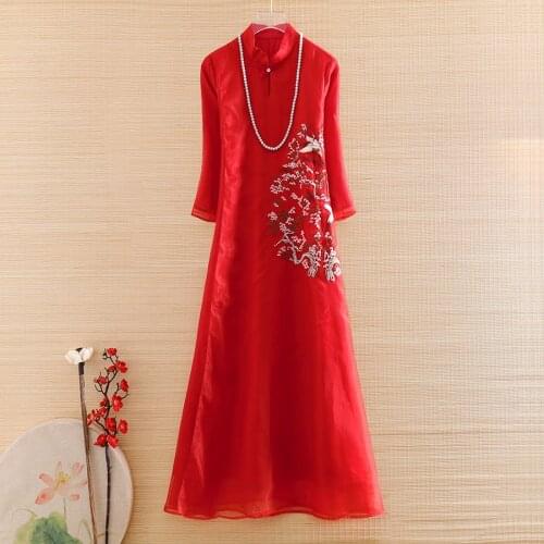 High-end Spring Organza Women Cheongsam Dress Retro Elegant Embroidery Crane Loose A-line Lady Party Qiapao Dress S-XXL