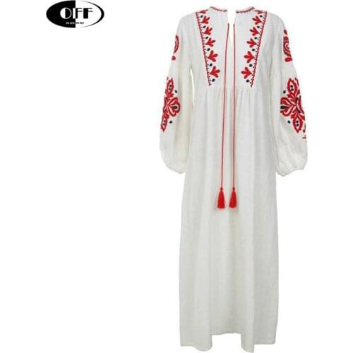 Bohemia vintage mid-long dresses for women flower embroidery loose Autumn casual white Bandage retro boho dress clothing female