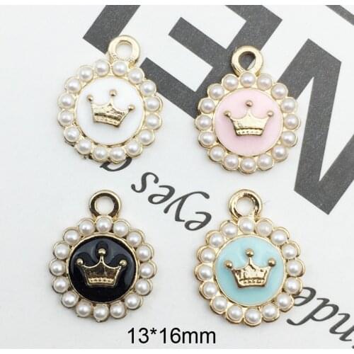 10pcs/pack 13*16mm Pearl Round Crown Enamel Charms Bracelet Pendant For DIY Handmade Earring Jewelry Golden-colour Finding YZ057