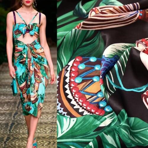 100x150cm Fashion Week Ethnic Drum Leaves Print Charmeuse Imitate Silk Satin Fabric for Woman Blouse Summer Dress DIY Sewing