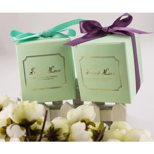 20pcs/lot Tiffany Blue Ribbon Mint Green Wedding Candy Box With Golden Words Sweet Love Heart DIY Party Favor Gift Box 7x7x8cm