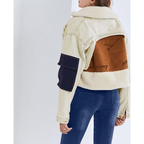 Free Shipping 2021 Winter Warm Lamb Wool Coat Women Hip Hop Denim Patchwork Loose Jackets High Street Plus Size XXL