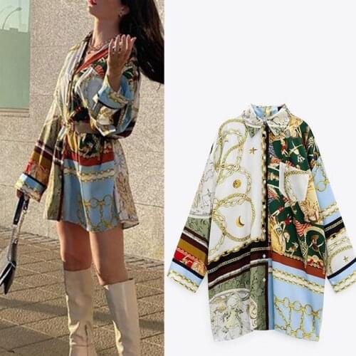 Womens Full Sleeve Irregular Print Blouse Loose Single-breasted Patchwork Female Shirts Tops 2021 Autumn Office Lady Blouses Za