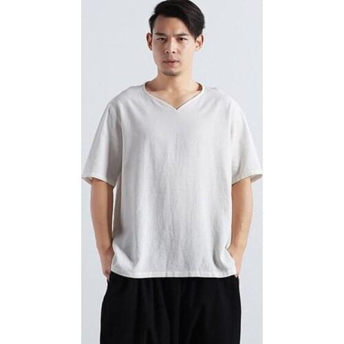 Plus Size M-6XL Mens Pure Color Tops 2020 Summer Cotton Linen Mens Peach Neck t-Shirt Flax Casual Short Sleeve White/Black