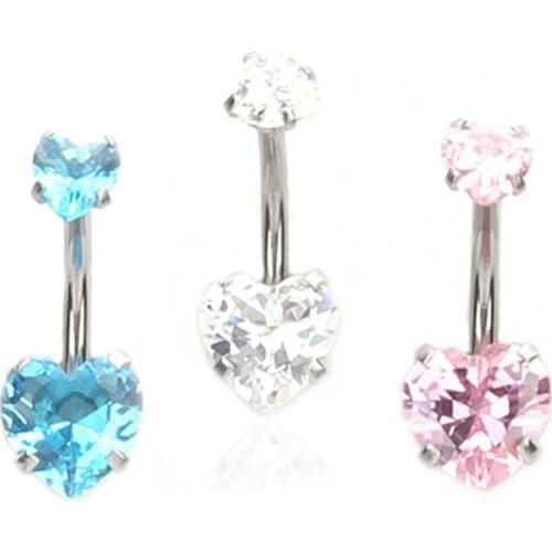 Stainless steel puncture zircon navel ring heart shaped double head zircon Navel Ring Navel nail 3 color pink blue white