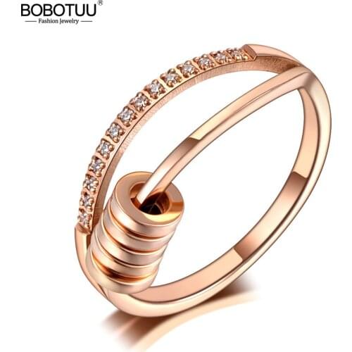 BOBOTUU Titanium Stainless Steel Mosaic Rhinestone Geometry Circle Rings Rose Gold CZ Crystal Wedding Ring For Women BR20039