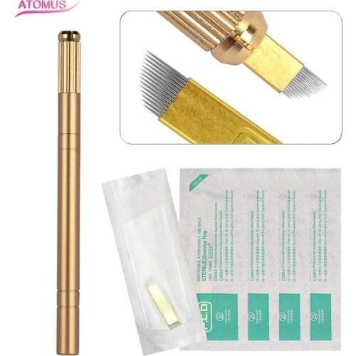 Microblading Kit Tattoo Manual Pen With Micro Blading Needle Blade Kit Gold 3d Eyebrow Pen Maquillage Semipermanent Eye Brow
