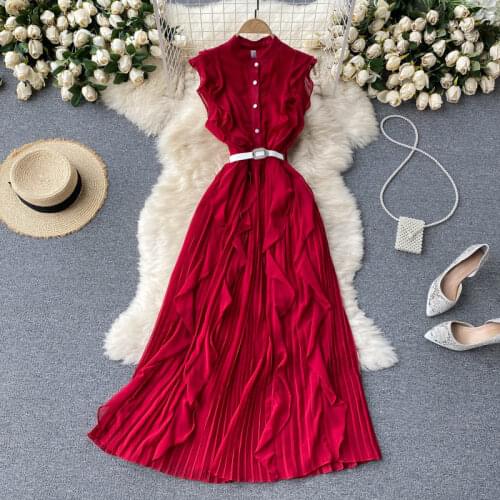 FMFSSOM 2021 Summer New Women Beach Style Elegant Sleeveless Long Dress Ruffled High Waist with Belt Slim Chiffon Pleated Skirt