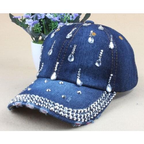 Fashion Leisure Woman Cap New Denim Hip Hop Caps With Water Drop Rhinestones Vintage Jean Cotton Baseball Caps For Men Hot Sale