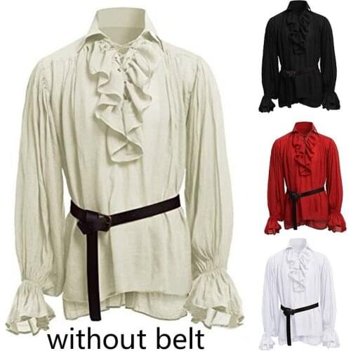 Men Gothic Shirt Top Victorian Medieval Ruffle Pirate Puff Sleeve Retro Bandage Vintage Solid Lapel Pleated Top 904-B293