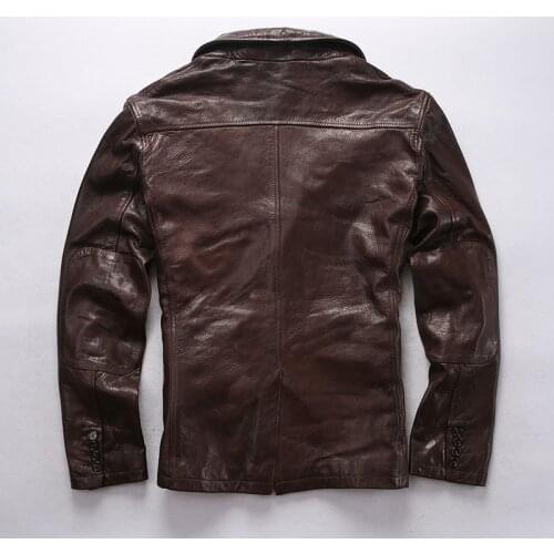 Mens smart casual slim fit genuine suit lapel buttons safary goatskin jacket men brown leather blazer male