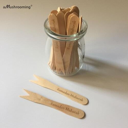 Natural Wood Ramadan Mubarak Party Fruit Forks Mini Picks 100pcs 3.5 Inches Laser Engraved Buffet Table Dessert Parfait Forks