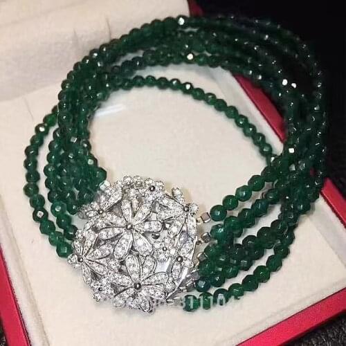 Wholesale beads nature 6rows freshwater pearl white round /green jade bracelet 8inch