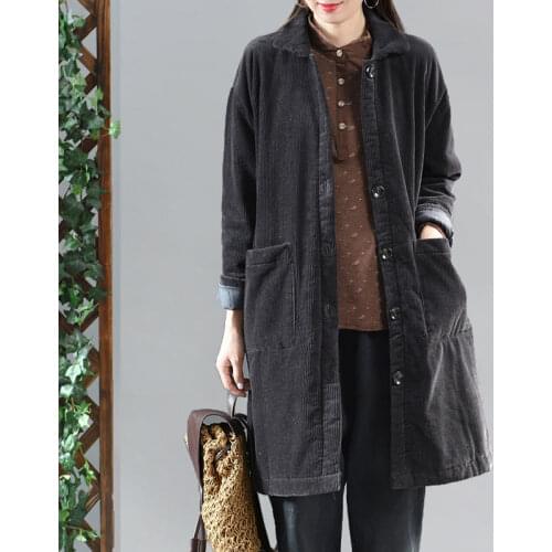 New Winter Women Loose Casual Big Pocket Long Sleeve Stand Collar Coat Warmth Thicken Single Breasted Cotton Corduroy Coats W654
