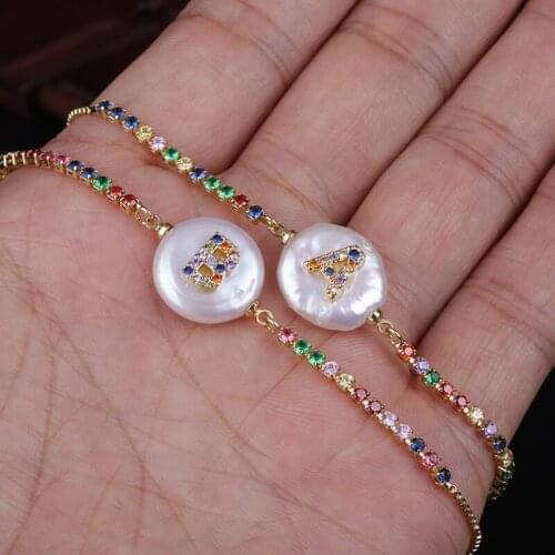 Initial 26 Alphabet Letter Name Rainbow CZ Natural Freshwater Coin Pearl Gold Colorful Link Bracelets Jewelry Women Girl Gift